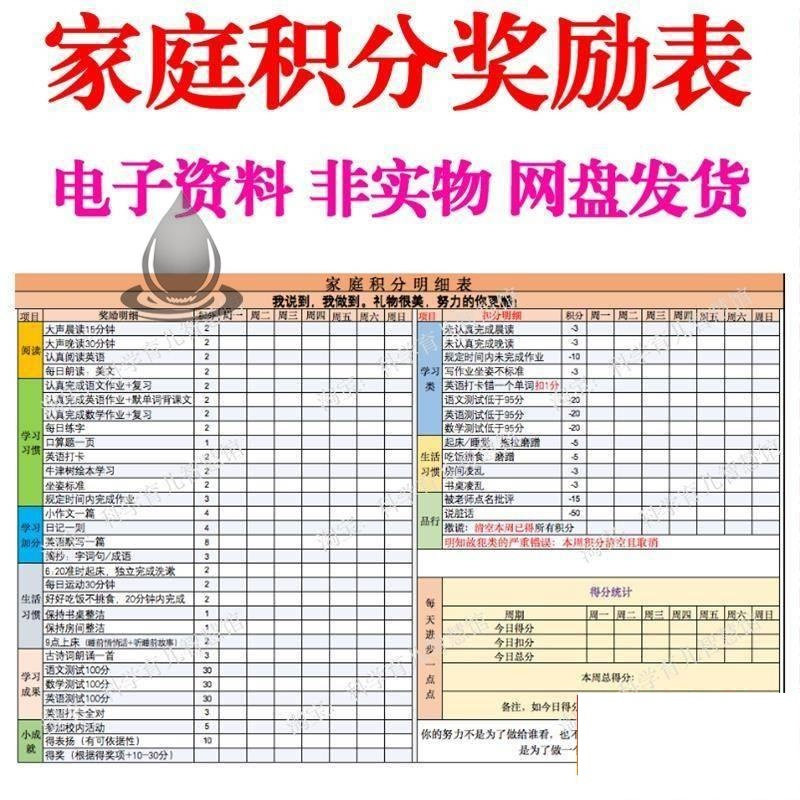 B267家庭积分奖励儿童惩罚积分表小学生儿童自律表可打印电子模板-虚拟资源仓