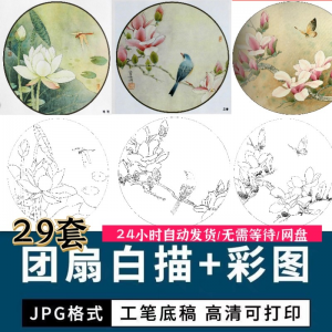 工笔花鸟白描国画团扇线描底稿彩图临摹参考电子版高清图片素材库-虚拟资源仓